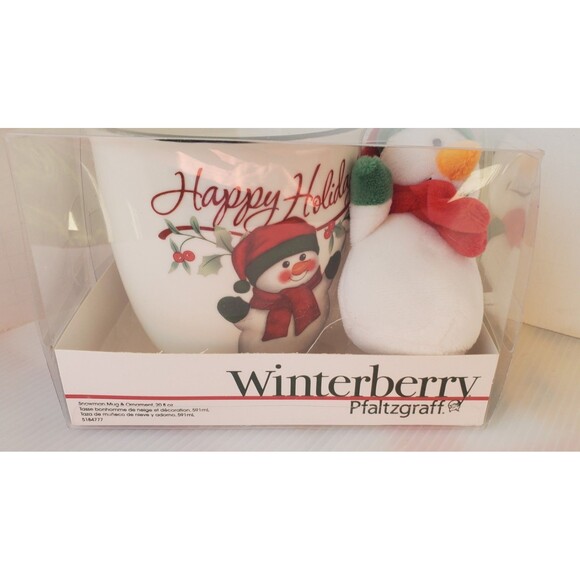 Pfaltzgraff Winterberry Happy Holidays Snowman Mug Cup And Plush Set In Box 20oz - Picture 1 of 8